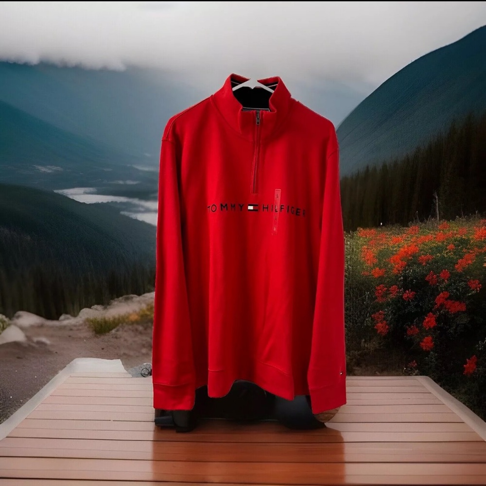 NWT Tommy Hilfiger Red 1/4 Zip Pullover Mock Neck Sweater Men’s Large